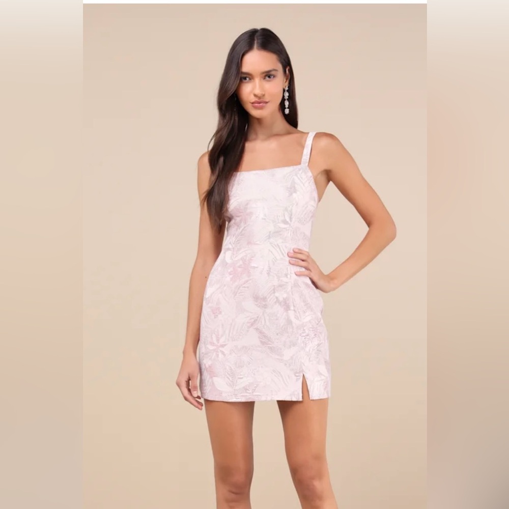 Lulu's Shine for Us Shiny Rose Pink Tropical Jacquard Mini Dress